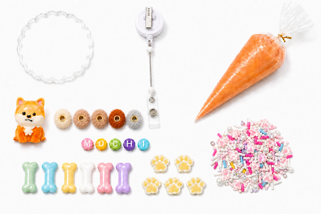 MOCHI Shiba glow decoden badge reel DIY kit contents