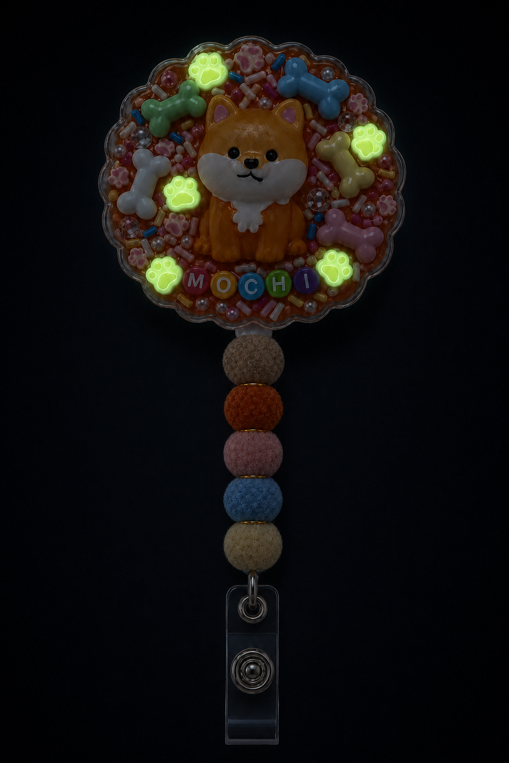 MOCHI Shiba decoden badge reel glow-in-the-dark effect