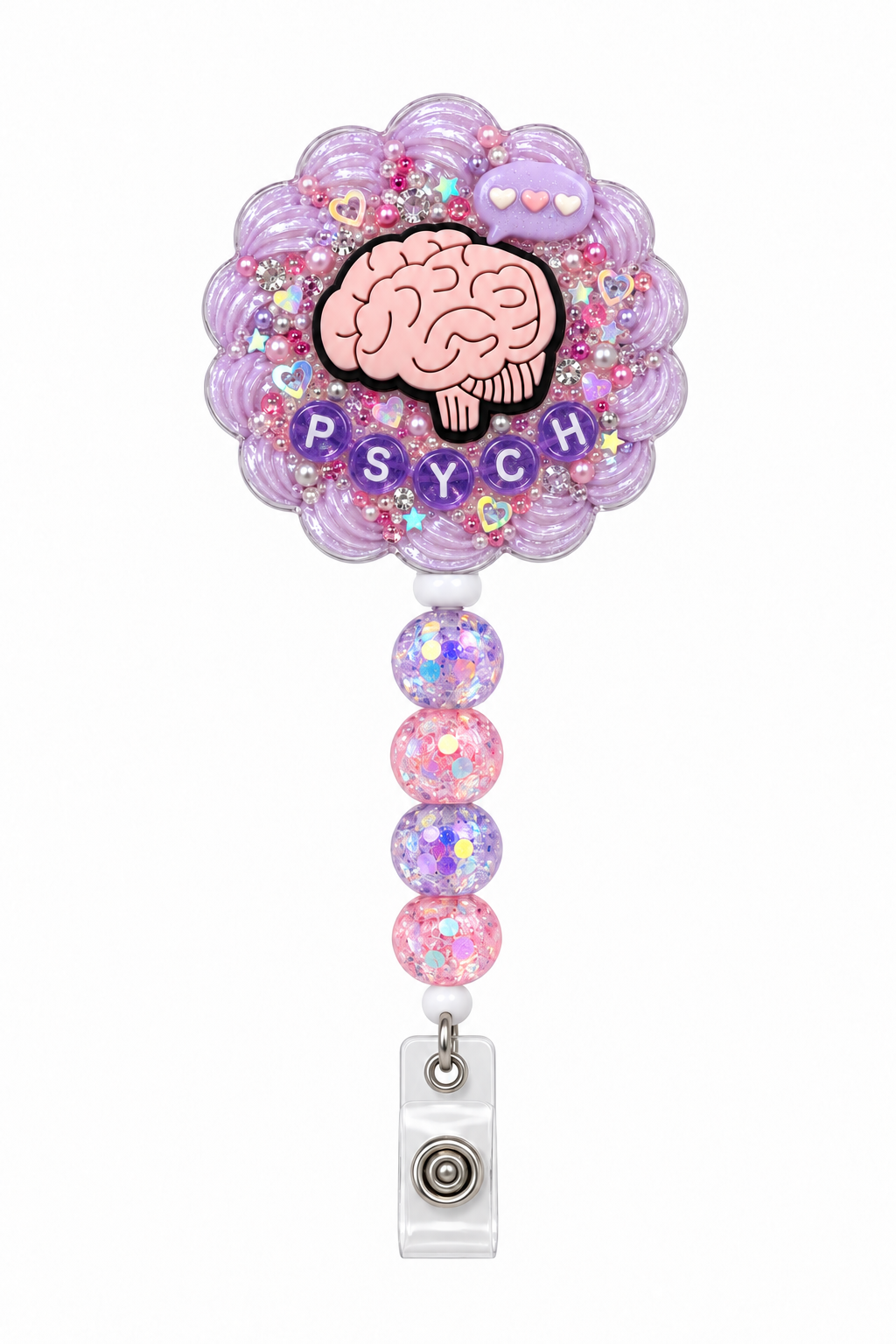 Decoden Cream Badge Reel — PSYCH Brain & Hearts Edition — finished beaded reel