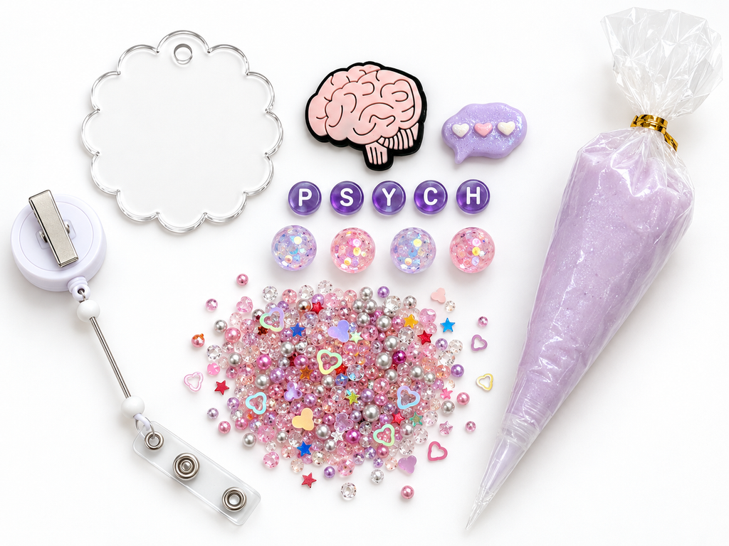 Decoden Cream Badge Reel — PSYCH Brain & Hearts Edition — DIY kit contents