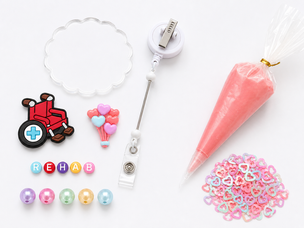 REHAB wheelchair DIY badge reel kit with wheelchair charm, heart balloons, letters, pastel pearl beads, heart sprinkles and coral cream glue