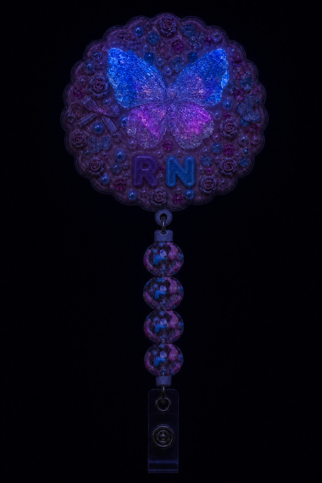Crystal Butterfly RN decoden badge reel glow-in-the-dark effect