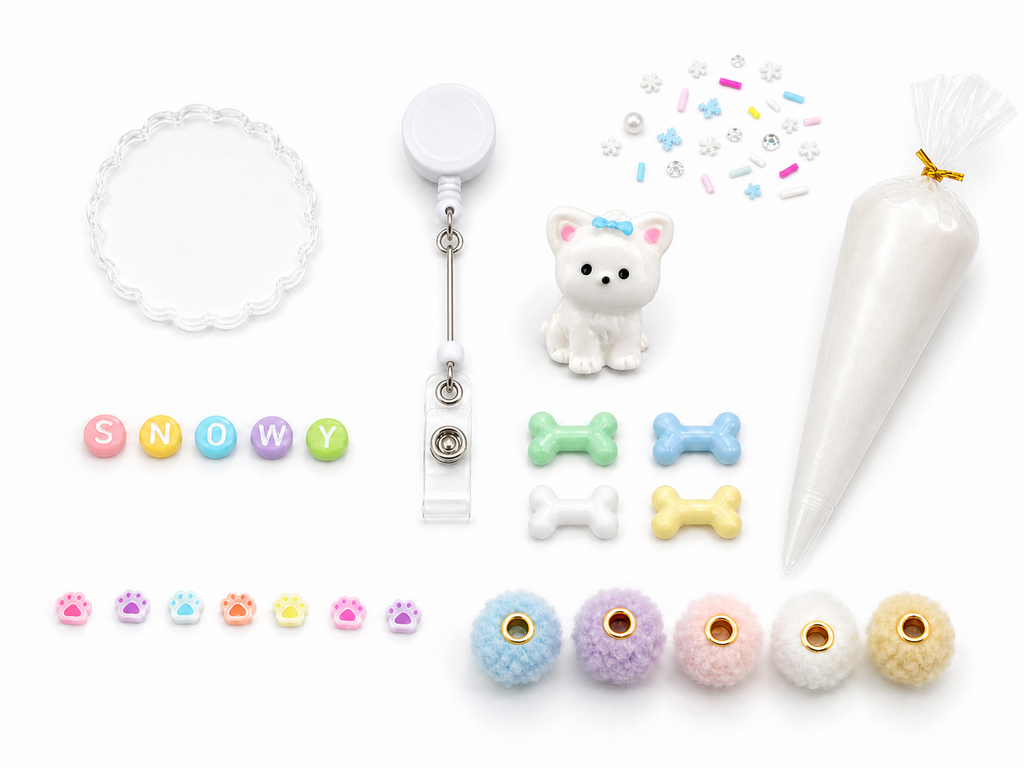 SNOWY Samoyed glow decoden badge reel DIY kit contents