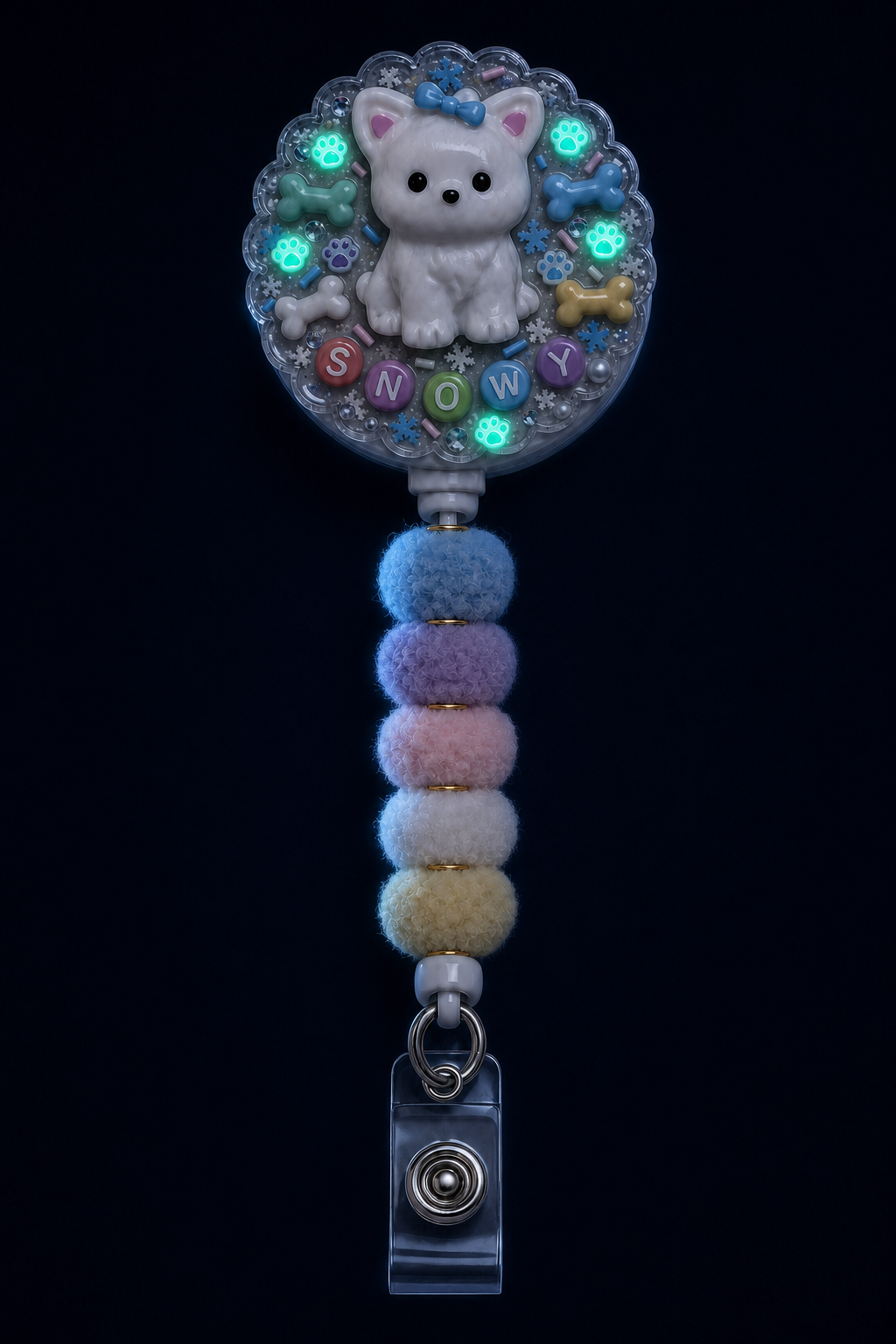 SNOWY Samoyed decoden badge reel glow-in-the-dark effect