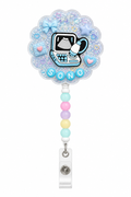 SONO ultrasound decoden cream badge reel with ultrasound machine charm, pastel medical accents and five frosted beads