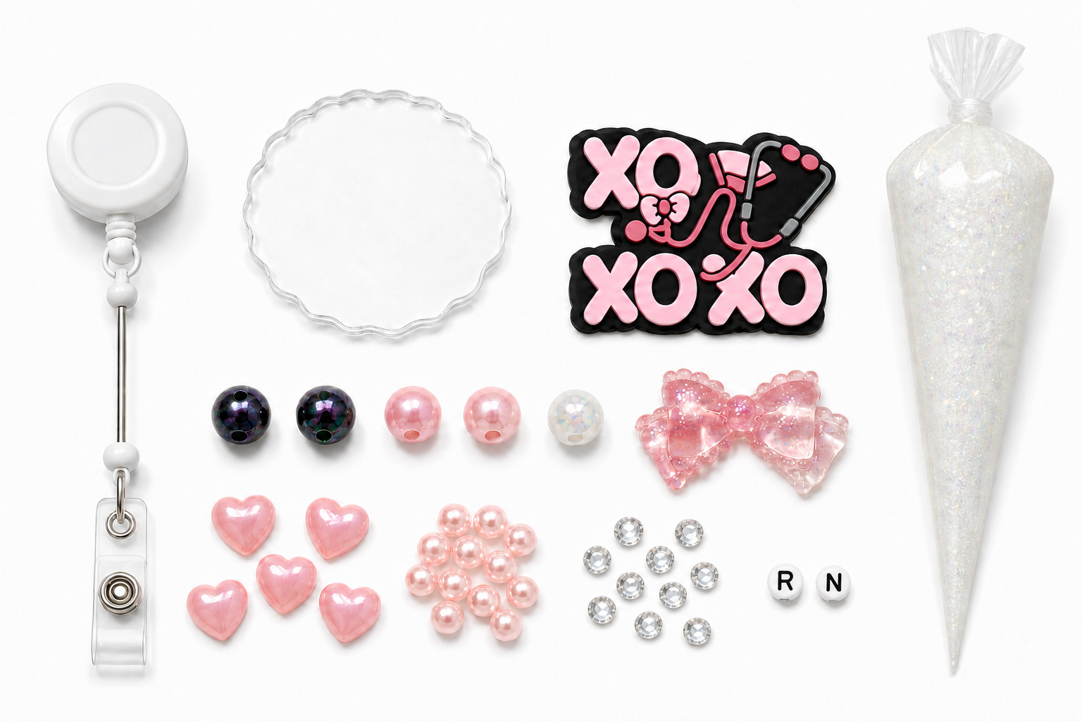 XOXO Nurse RN DIY badge reel kit with stethoscope charm, RN letters, beads, hearts, bow, rhinestones, reel and iridescent cream glue