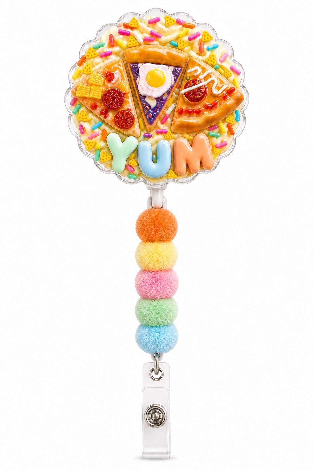 YUM Pizza decoden cream badge reel with mini pizza accents, pastel letters, and colorful fuzzy beads